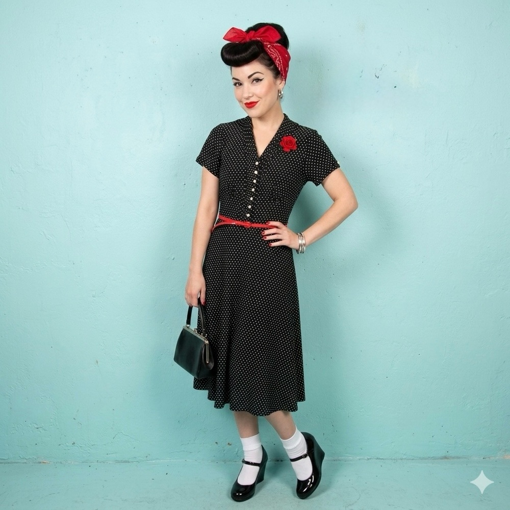 Anne Klein Petite Polka Dot Midi Dress Black White Red Belt Retro Rockabilly PS
